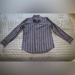Level Ten Men’s Button-Down Dress Shirt – XL Black w/ Purple & White Stripes